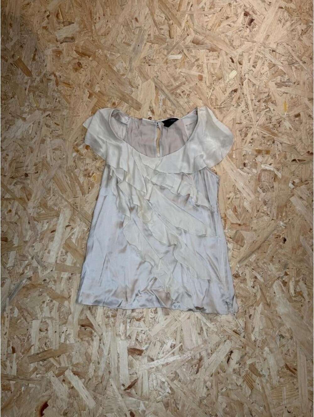 White House Black Market Silk Stretch Ruffle Blouse Womens Size 14 Beige Top